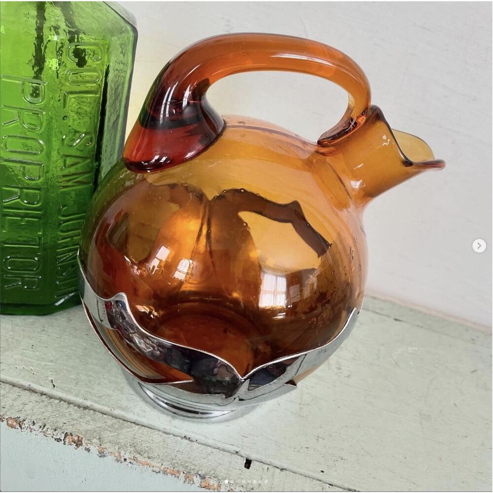 Vintage Amber Brown Glass Decanter Pitcher Silver Krome Kraft Barware Farber